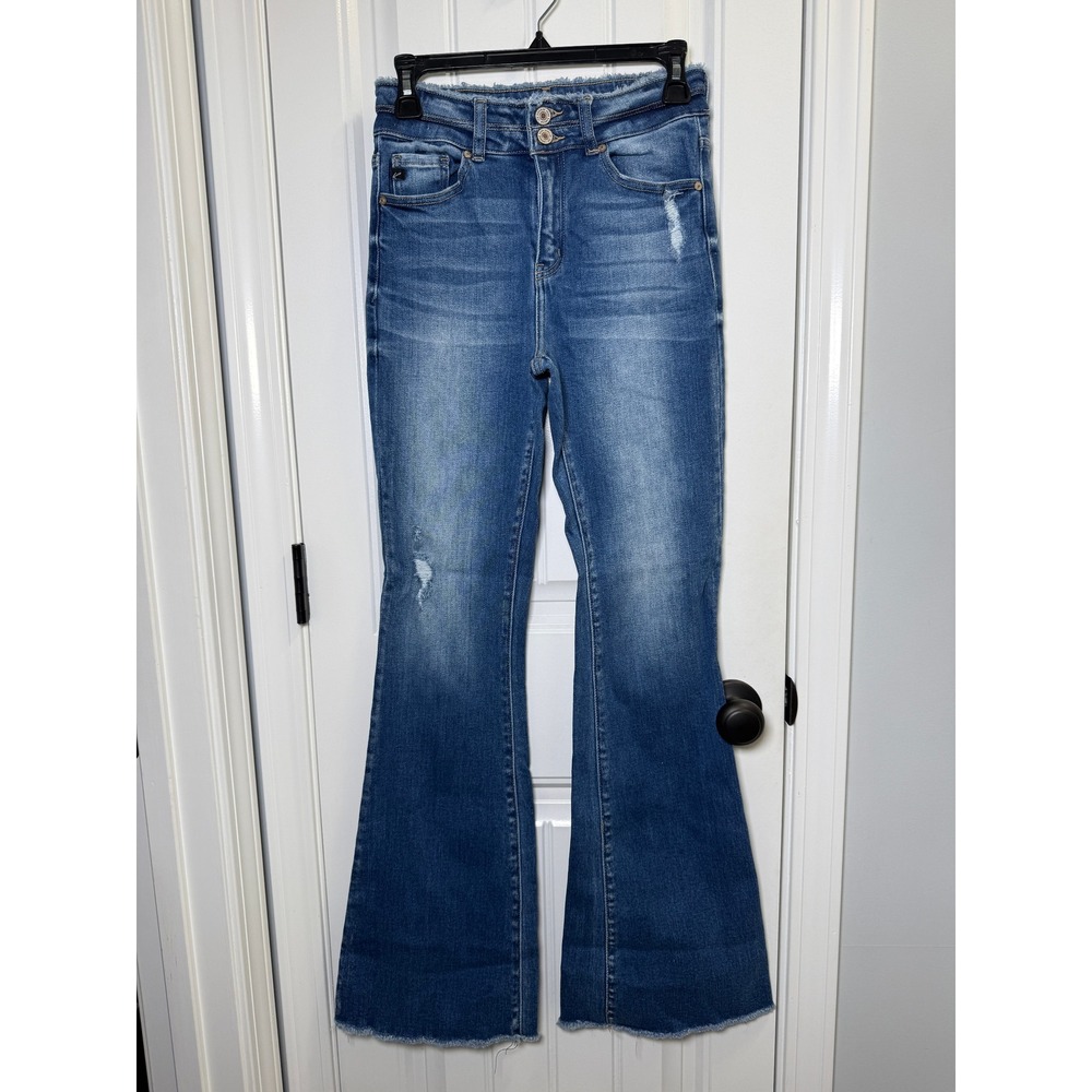 KanCan Women Flare Jeans Blue Distressed High Rise Retro Boho 26/32
